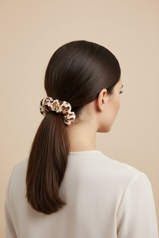 Full head shot of model with coffee print scrunchie