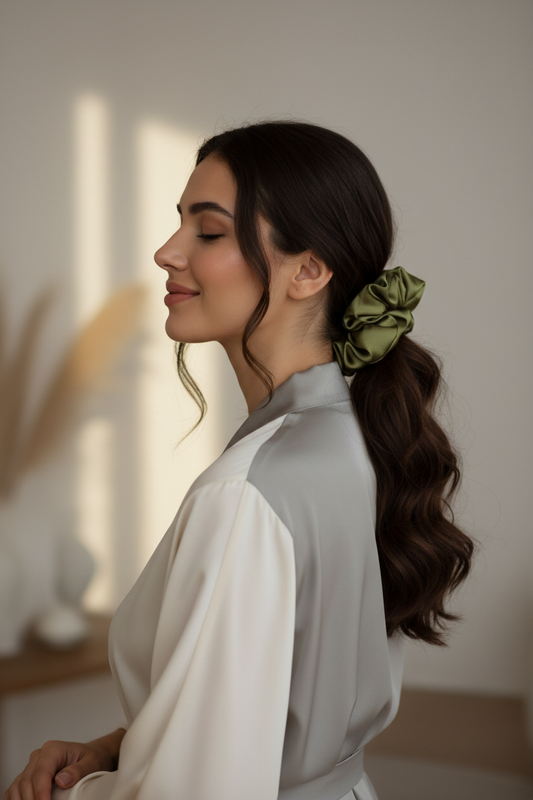 Model wearing olive green satin scrunchie
