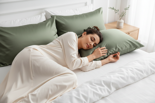 Model sleeping with olive green satin pillowcases in modest dress