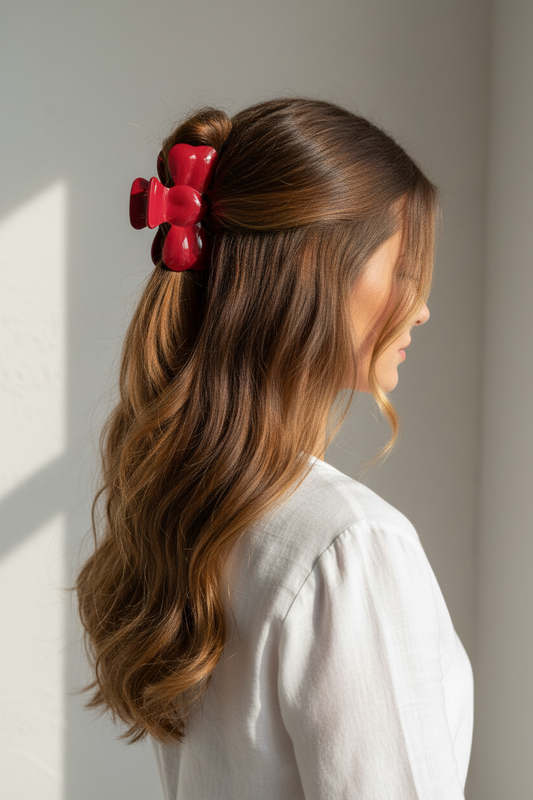 Model wearing Melovia claw clip - bright version