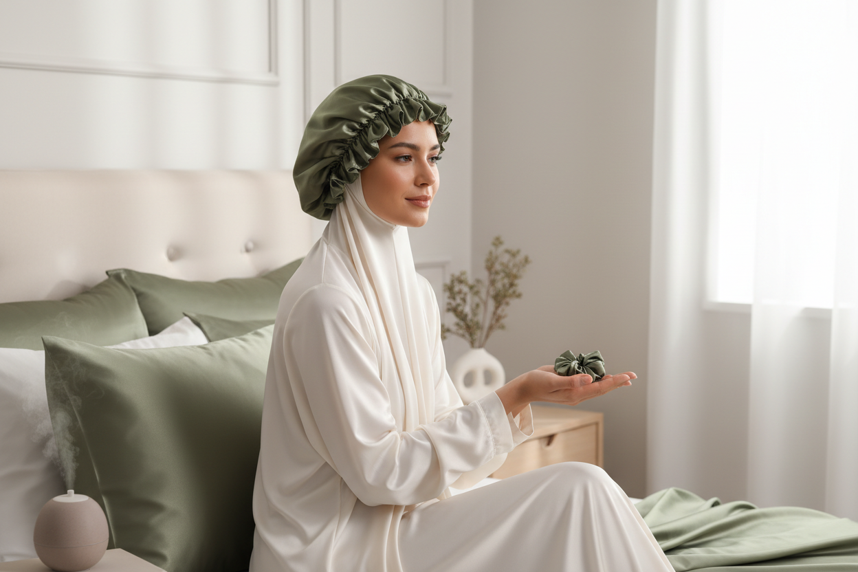 Model wearing satin bonnet holding scrunchie with pillowcases