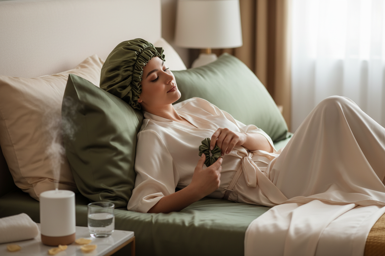 Model with olive green satin bonnet, scrunchie and pillowcases