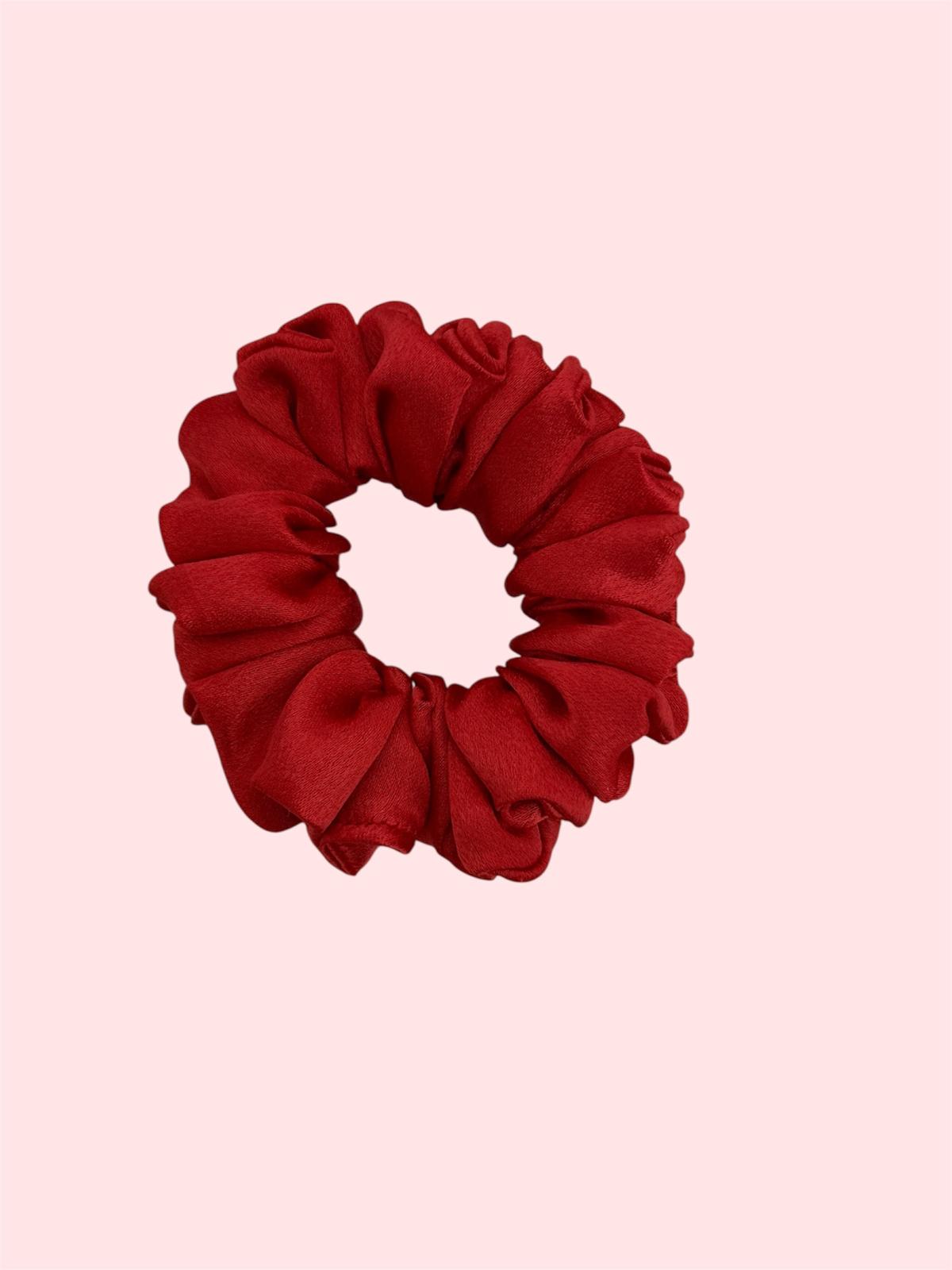 Image 1 (Small): "Scarlet red satin scrunchie small size handmade by Snuggle Ties London